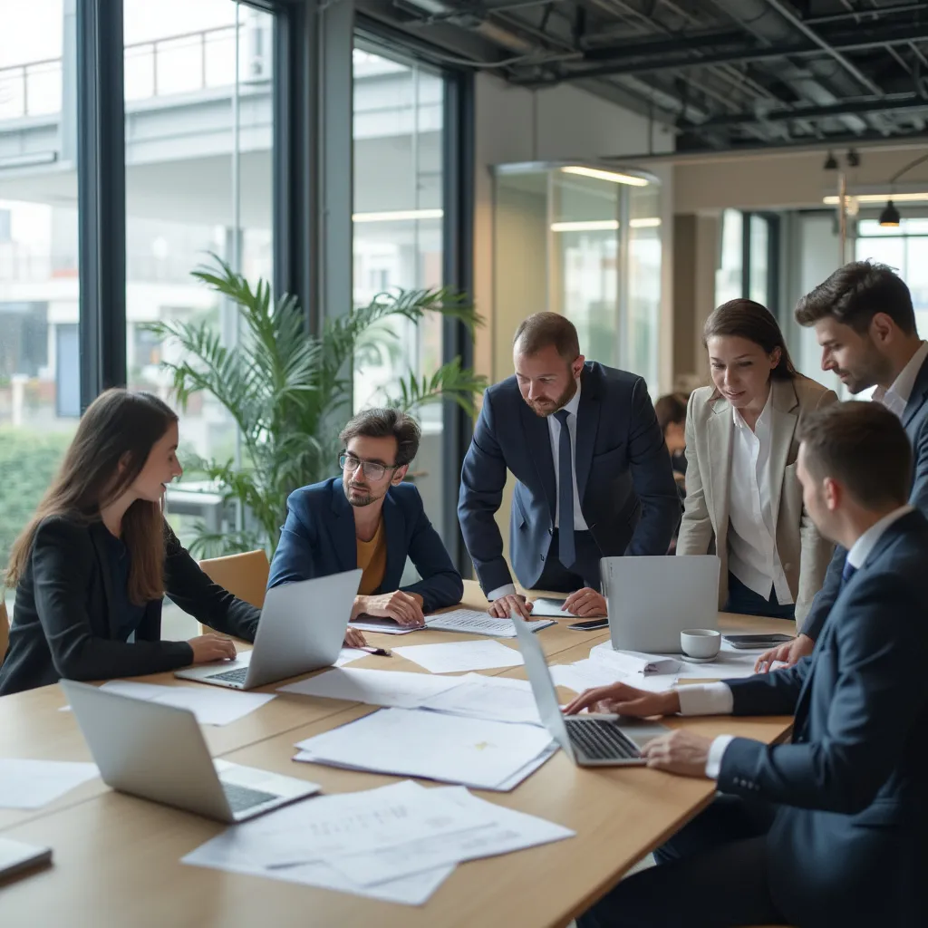 Equipo colaborando en una sesión de estrategia
