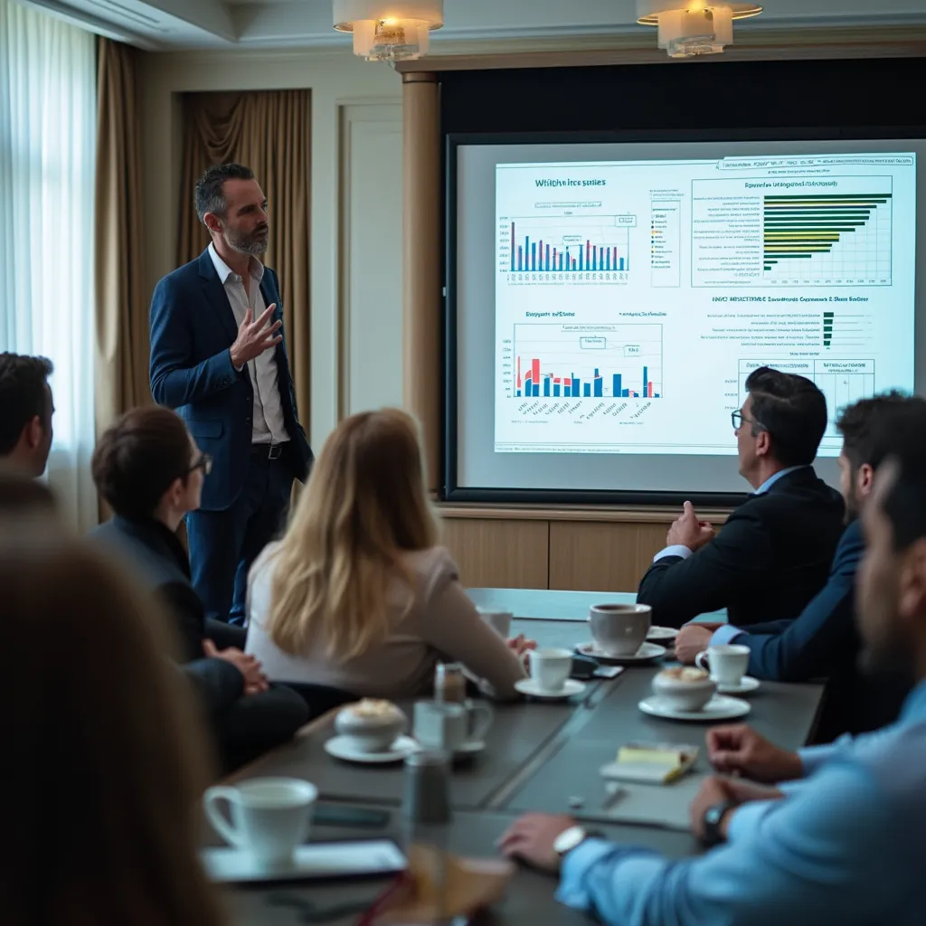 Consultor presentando en una reunión con clientes