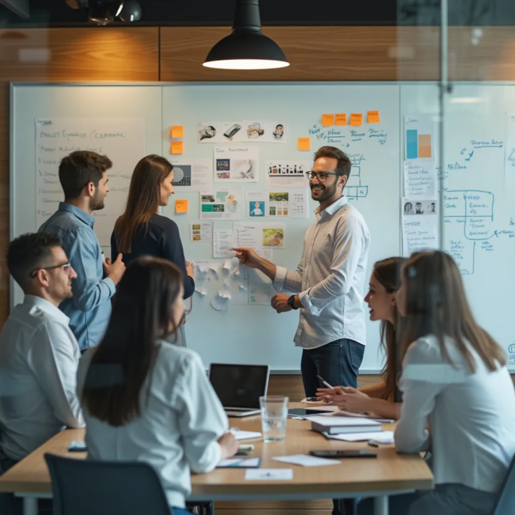 Equipo discutiendo un plan estratégico en una pizarra